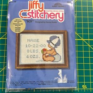 Jiffy Counted cross stitch “Boy” birth sampler. Easy stitch and cute gift.